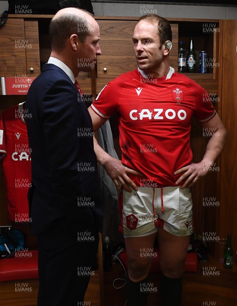 250223 - Wales v England - Guinness Six Nations 2023 - Alun Wyn Jones of Wales with HRH Prince William, The Prince of Wales in the Wales dressing room after the match
