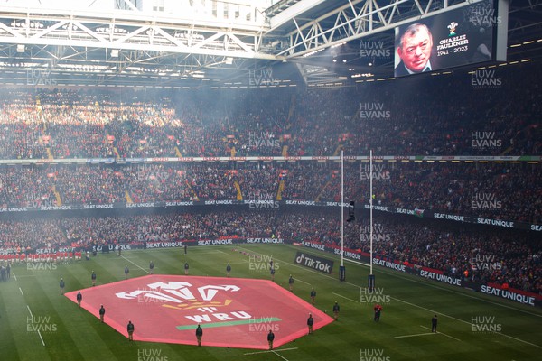 250223 - Wales v England - Guinness Six Nations - A tribute to Charlie Faulkner is displayed on the big screen