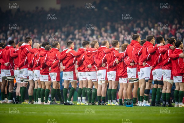 250223 - Wales v England - Guinness Six Nations - Players line up for the anthems