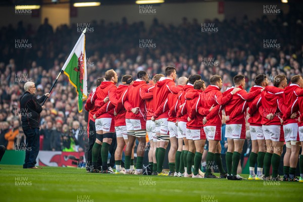 250223 - Wales v England - Guinness Six Nations - Players line up for the anthems