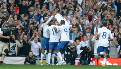 26.03.11 - Wales v England - Euro 2012 Qualifier - Frank Lampard of England celebrates his goal with his team-mates. 