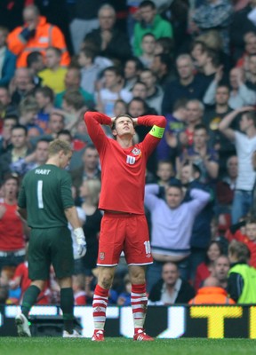 26.03.11 - Wales v England - Euro 2012 Qualifier - Aaron Ramsey of Wales shows his frustration after missing a shot at goal. 