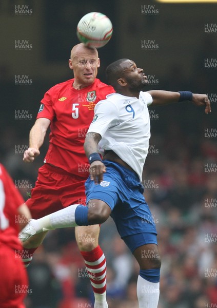 26.03.11 - Wales v England, UEFA Euro 2012 Qualifier -  Wales' James Collins gets above England's Darren Bent to head the ball 