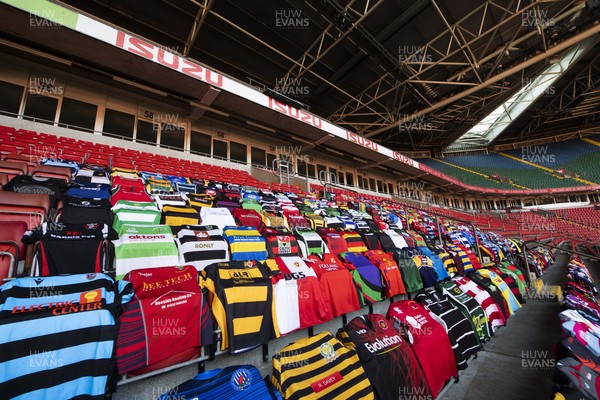 270221 - Wales v England - Guinness Six Nations - 250 Welsh rugby club jerseys sit on the seats at Principality Stadium ahead of kick off