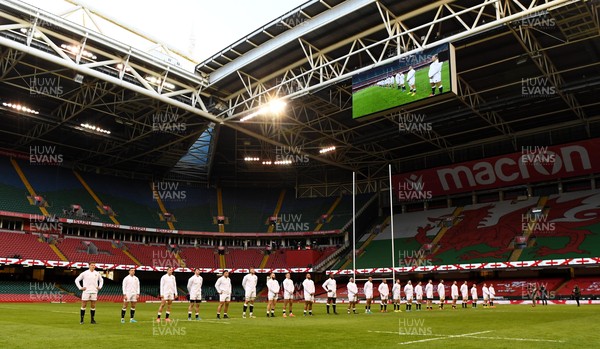 270221 - Wales v England - Guinness Six Nations - England players line up for the anthems