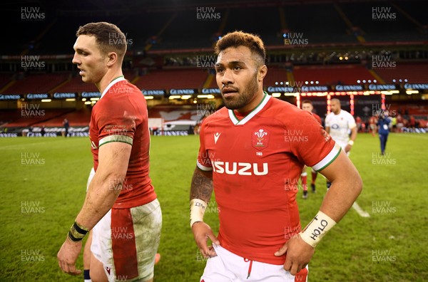270221 - Wales v England - Guinness Six Nations - George North and Willis Halaholo of Wales at the end of the game