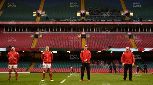 270221 - Wales v England - Guinness Six Nations - Wyn Jones, Jonathan Davies, George North and Ken Owens of Wales during the anthems