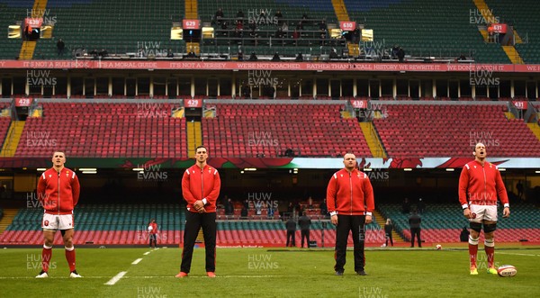 270221 - Wales v England - Guinness Six Nations - Jonathan Davies, George North, Ken Owens and Alun Wyn Jones of Wales during the anthems
