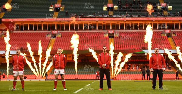 270221 - Wales v England - Guinness Six Nations - Wyn Jones, Jonathan Davies, George North and Ken Owens of Wales during the anthems