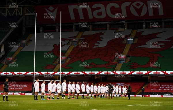 270221 - Wales v England - Guinness Six Nations - England players during the anthems