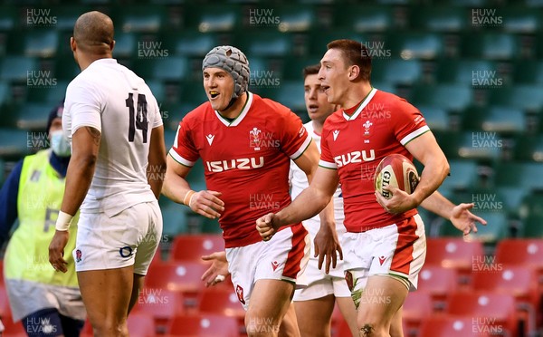 270221 - Wales v England - Guinness Six Nations - Josh Adams of Wales celebrates scoring try with Jonathan Davies