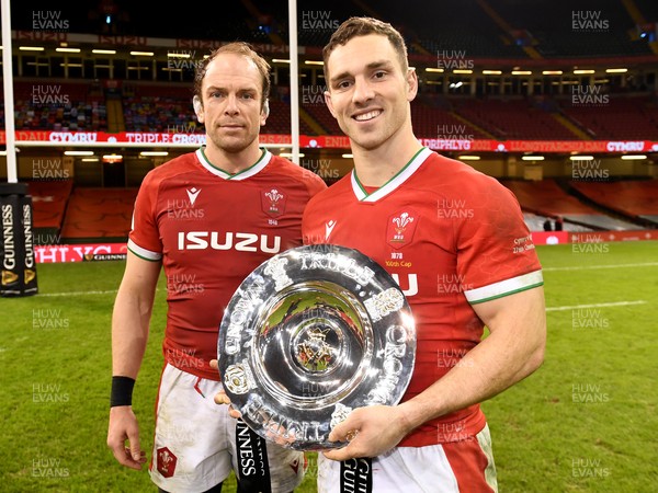 270221 - Wales v England - Guinness Six Nations - Alun Wyn Jones and George North of Wales celebrate with the triple crown