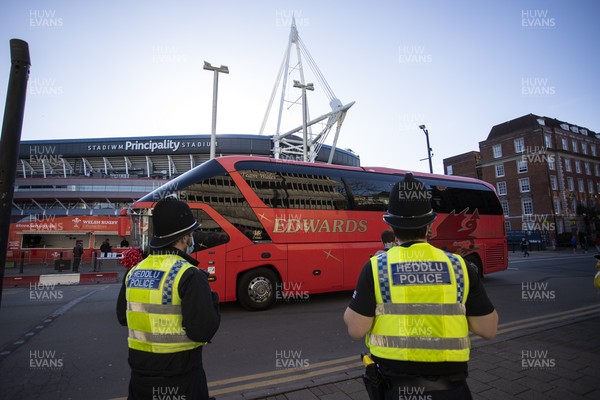 270221 - Wales v England - Guinness 6 Nations - The Wales team arriving at the Principality Stadium
