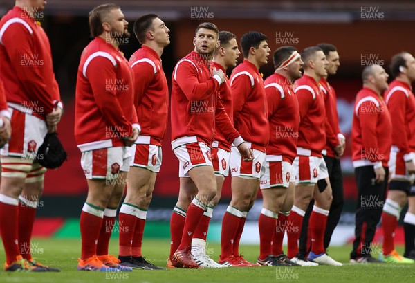 270221 - Wales v England - Guinness 6 Nations - Dan Biggar of Wales looks over his shoulder during the anthem
