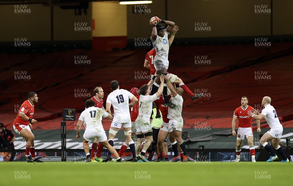 270221 - Wales v England - Guinness 6 Nations - Maro Itoje of England wins the line out