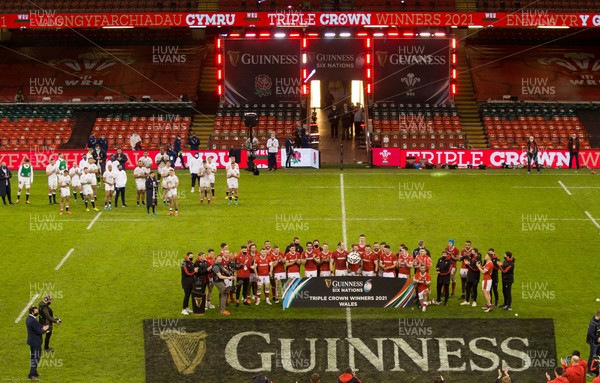 270221 - Wales v England, Guinness 2021 Six Nations Championship - Wales are presented with the Triple Crown after beating England in Cardiff