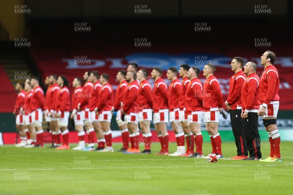 270221 - Wales v England, Guinness 2021 Six Nations Championship - Wales captain Alun Wyn Jones leads the team in the singing of the national anthem