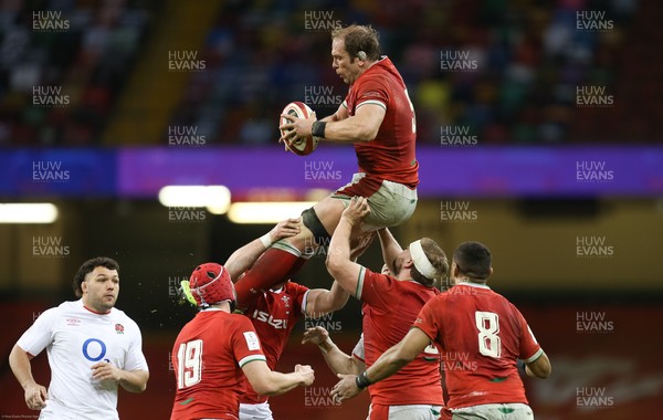 270221 - Wales v England, Guinness 2021 Six Nations Championship - Alun Wyn Jones of Wales takes the high ball