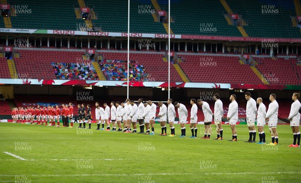 270221 - Wales v England, Guinness 2021 Six Nations Championship - The teams line up for the anthems
