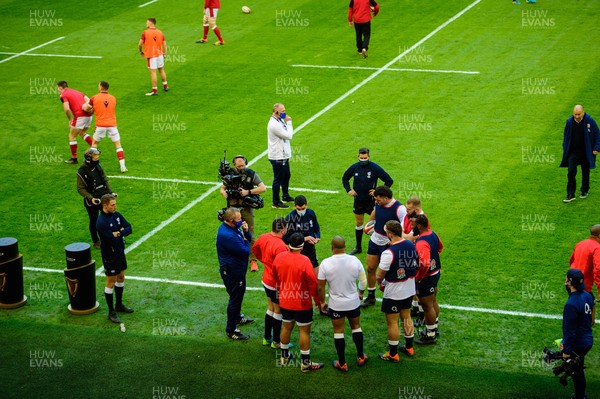 270221 - Wales v England - Guinness Six Nations - Referee Pascal Gauzere talks to the England forwards prior to the game