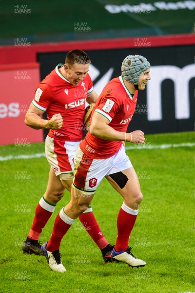 270221 - Wales v England - Guinness Six Nations - Josh Adams of Wales celebrates his try with Jonathan Davies