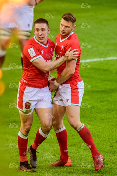 270221 - Wales v England - Guinness Six Nations - Josh Adams of Wales celebrates his try with Dan Biggar