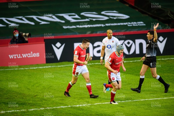 270221 - Wales v England - Guinness Six Nations - Josh Adams of Wales celebrate this try