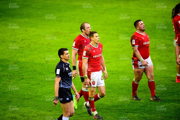 270221 - Wales v England - Guinness Six Nations - Referee Pascal Gauzere, Liam Williams of Wales, Alun Wyn Jones of Wales and Wyn Jones of Wales watch the TV reply on the big screen