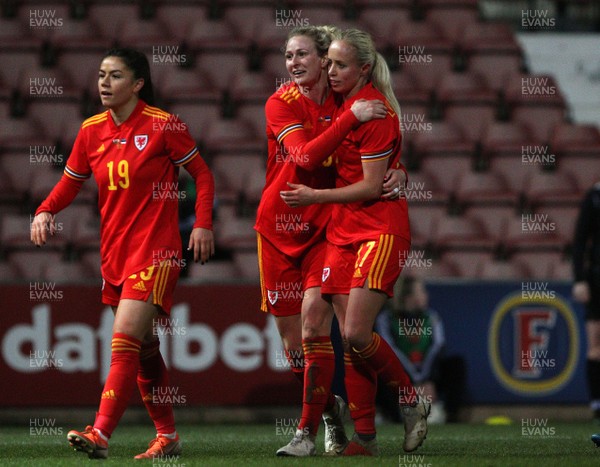 060320 - Wales v Estonia - Women's International Friendly - Nadia Lawrence (right) of Wales celebrates goal
