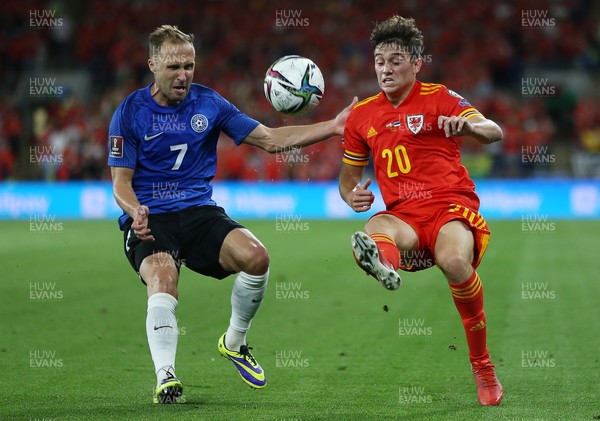 080921 - Wales v Estonia, World Cup 2022 Qualifying - Daniel James of Wales is challenged by Sander Puri of Estonia