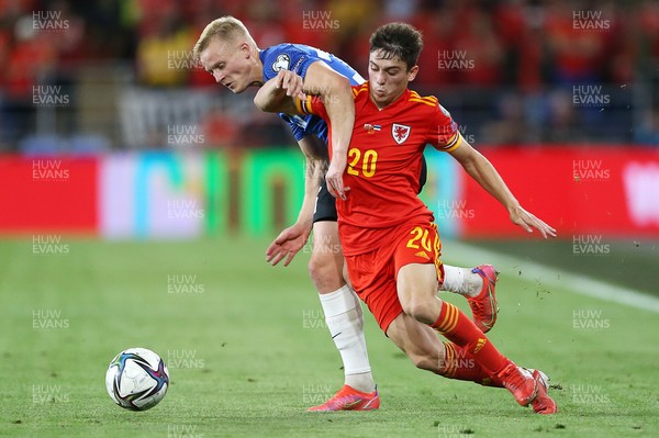 080921 - Wales v Estonia, World Cup 2022 Qualifying - Daniel James of Wales is tackled by Michael Lilander of Estonia