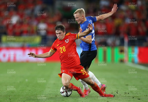 080921 - Wales v Estonia, World Cup 2022 Qualifying - Daniel James of Wales is tackled by Michael Lilander of Estonia