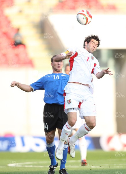 29.05.09 - Wales v Estonia, International Friendy, Llanelli -  Wales' Joe Ledley wins the ball from Estonia's Konstantin Vassiljev  