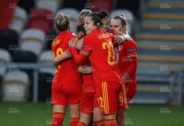 221020 - Wales Women v Faroe Islands - European Women's Championship Qualifier - Lily Woodham of Wales celebrates with team mates after scoring a goal