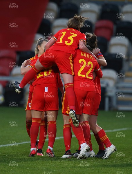 221020 - Wales Women v Faroe Islands - European Women's Championship Qualifier - Lily Woodham of Wales celebrates with team mates after scoring a goal