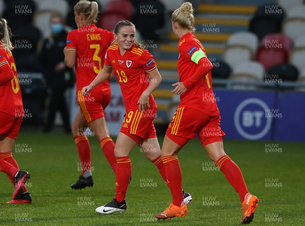 221020 - Wales Women v Faroe Islands - European Women's Championship Qualifier - Lily Woodham of Wales celebrates scoring a goal with Sophie Ingle