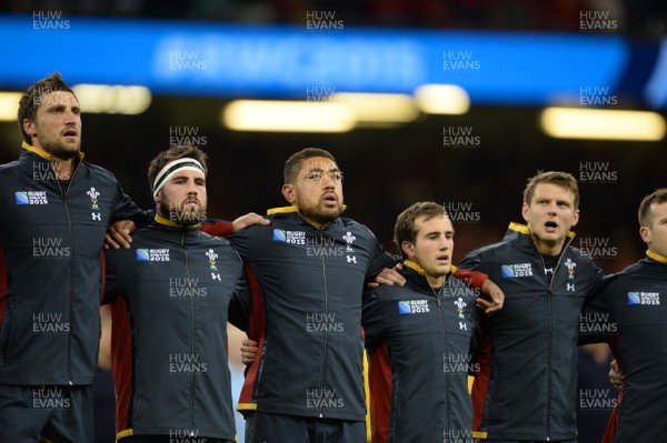 011015 - Wales v Fiji - Rugby World Cup 2015 -Luke Charteris, Scott Baldwin, Taulupe Faletau, Matthew Morgan and Dan Biggar during the anthems