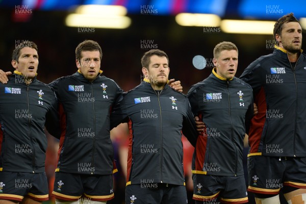 011015 - Wales v Fiji - Rugby World Cup 2015 -James Hook, Justin Tipuric, Aaron Jarvis, Rhys Priestland and Luke Charteris during the anthems