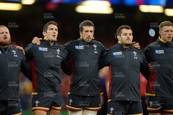 011015 - Wales v Fiji - Rugby World Cup 2015 -Samson Lee, James Hook, Justin Tipuric, Aaron Jarvis and Rhys Priestland of Wales during the anthems