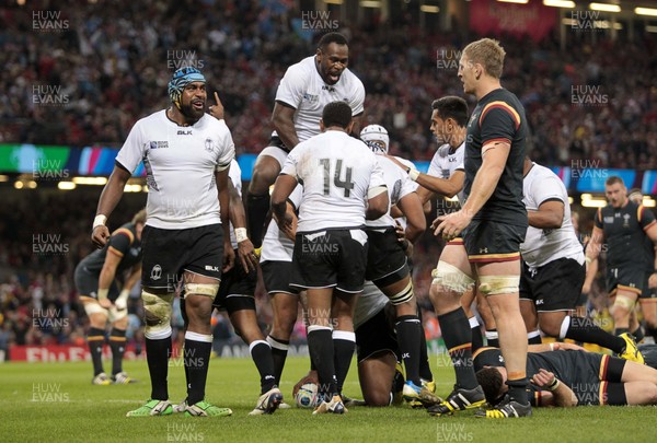 011015 - Wales v Fiji - Rugby World Cup - Fiji celebrate after Vereniki Goneva scores a try