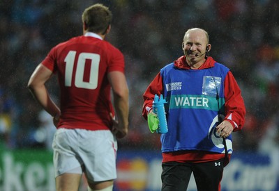 02.10.11 - Wales v Fiji - Rugby World Cup 2011 - Wales kicking coach Neil Jenkins talks to Rhys Priestland. 