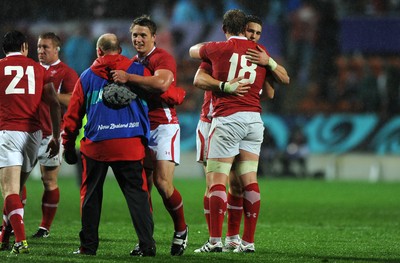 02.10.11 - Wales v Fiji - Rugby World Cup 2011 - George North and Alun Wyn Jones of Wales celebrate at the end of the game. 