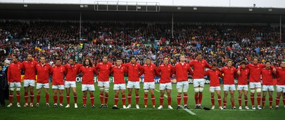 02.10.11 - Wales v Fiji - Rugby World Cup 2011 - Wales players line-up for the national anthems. 