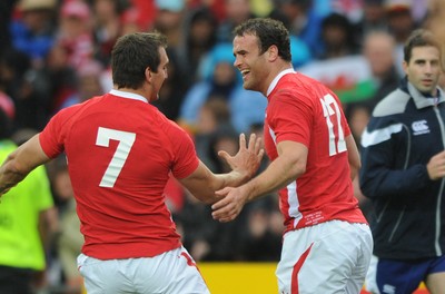 02.10.11 - Wales v Fiji - Rugby World Cup 2011 - Jamie Roberts of Wales celebrates his try with Sam Warburton. 