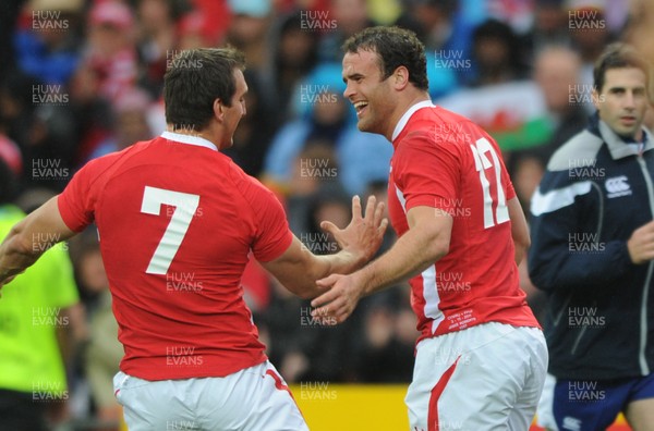 02.10.11 - Wales v Fiji - Rugby World Cup 2011 - Jamie Roberts of Wales celebrates his try with Sam Warburton. 
