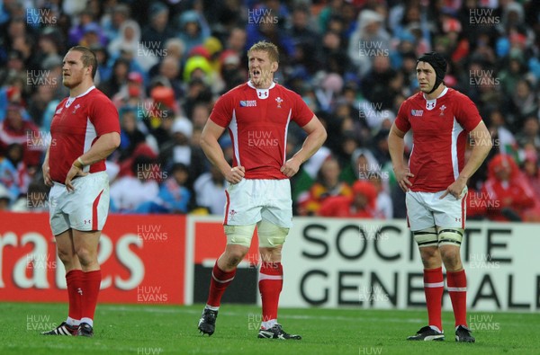 02.10.11 - Wales v Fiji - Rugby World Cup 2011 - Gethin Jenkins, Bradley Davies and Ryan Jones of Wales. 
