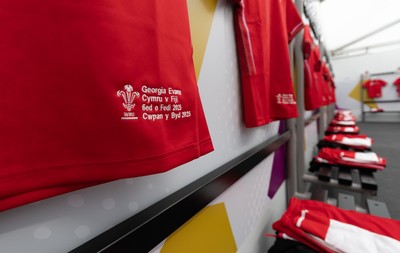 060925 - Wales v Fiji, Women’s Rugby World Cup - Georgia Evans’ match shirt in the Wales changing room ahead of the match