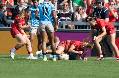 060925 - Wales v Fiji, Women’s Rugby World Cup - Carys Cox of Wales celebrates after she powers over to score the opening try