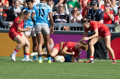 060925 - Wales v Fiji, Women’s Rugby World Cup - Carys Cox of Wales celebrates after she powers over to score the opening try