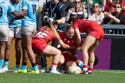 060925 - Wales v Fiji, Women’s Rugby World Cup - Carys Cox of Wales celebrates after she powers over to score the opening try